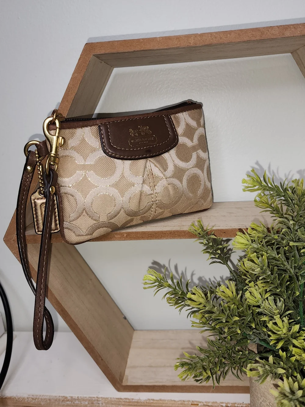 Coach Beige Signature Wristlet with Brown Leather Trim